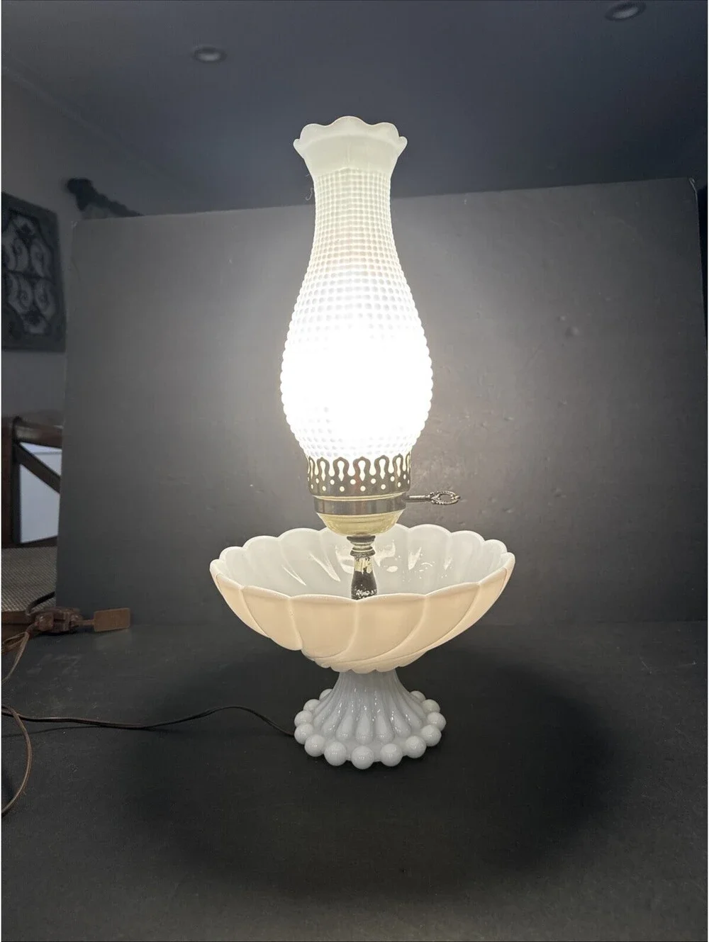 Rare Vintage Milk Glass Hurricane Lamp Bowl Trinket Base 17.5” H By 9” W Gold